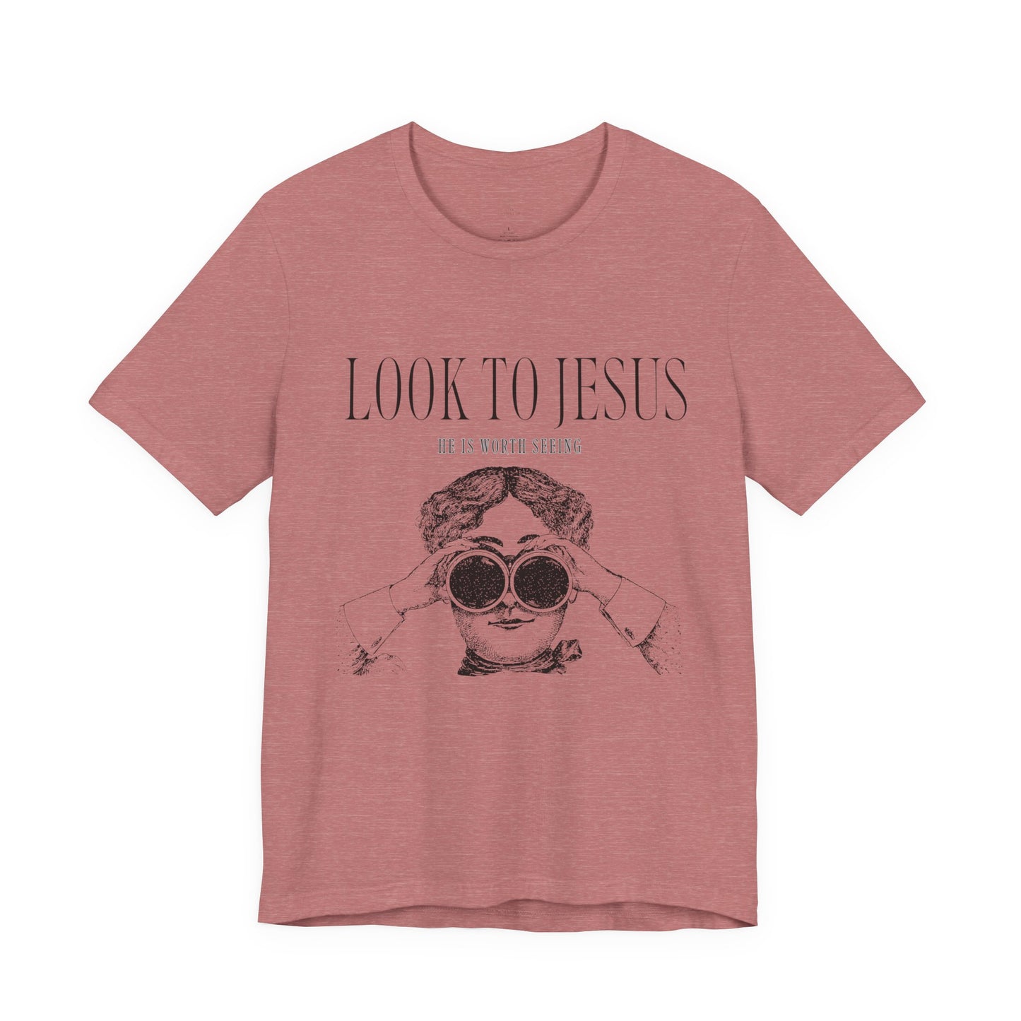 Look to Jesus binoculars illustration Woman Christian faith tee