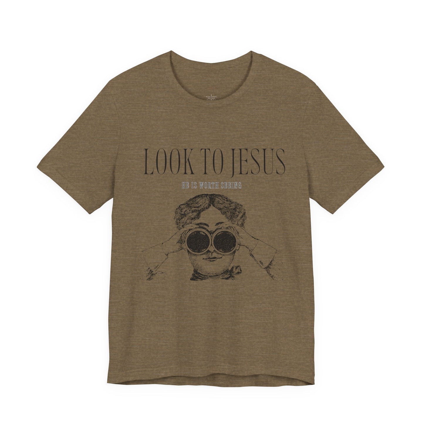 Look to Jesus binoculars illustration Woman Christian faith tee