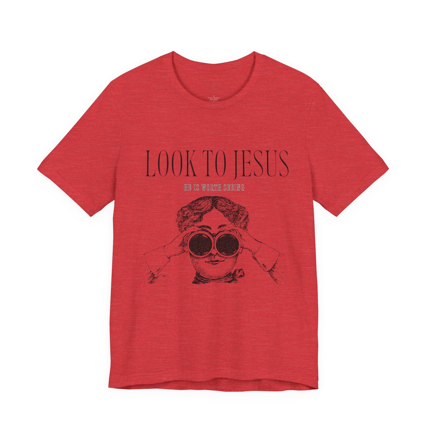 Look to Jesus binoculars illustration Woman Christian faith tee