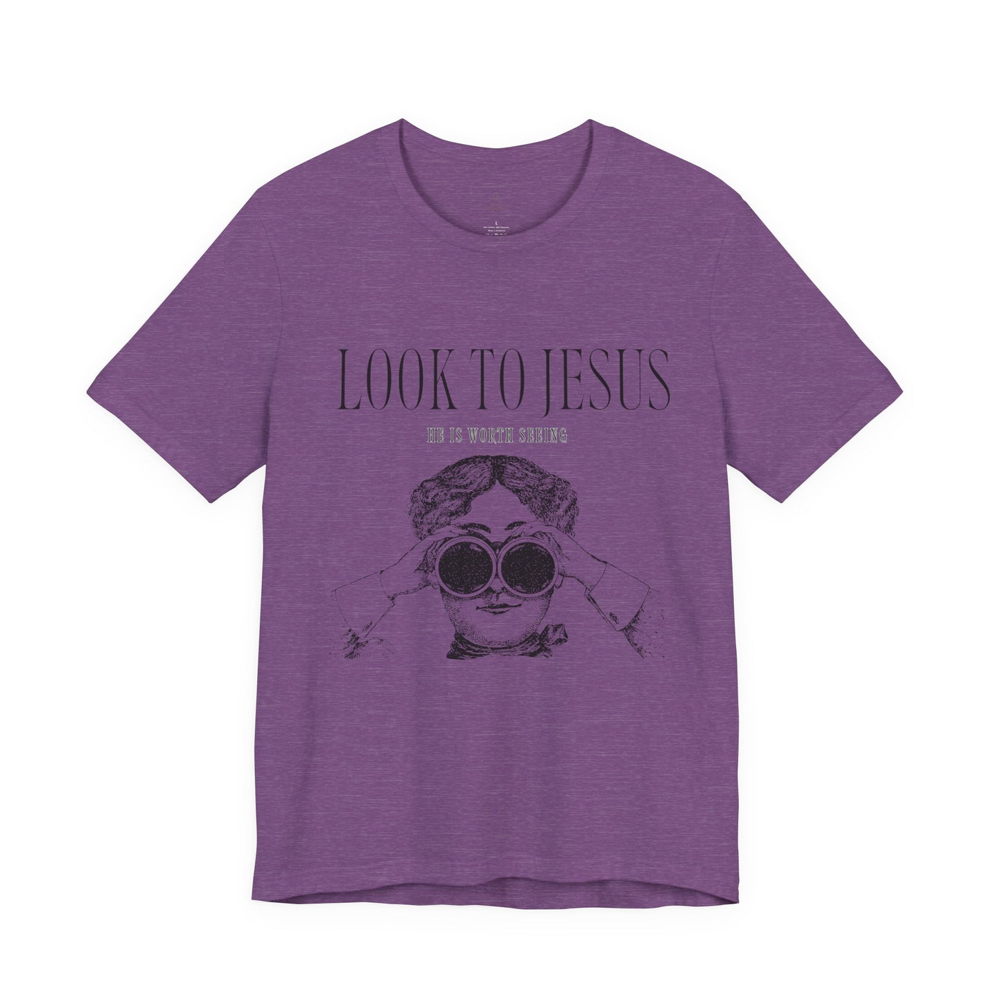 Look to Jesus binoculars illustration Woman Christian faith tee
