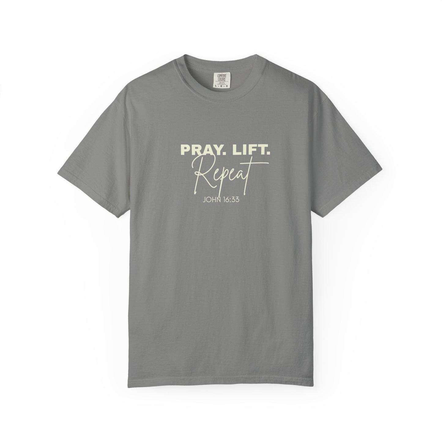 Pray. Lift. Repeat. T-Shirt | Woman Christian Workout Faith Tee, John 16:33