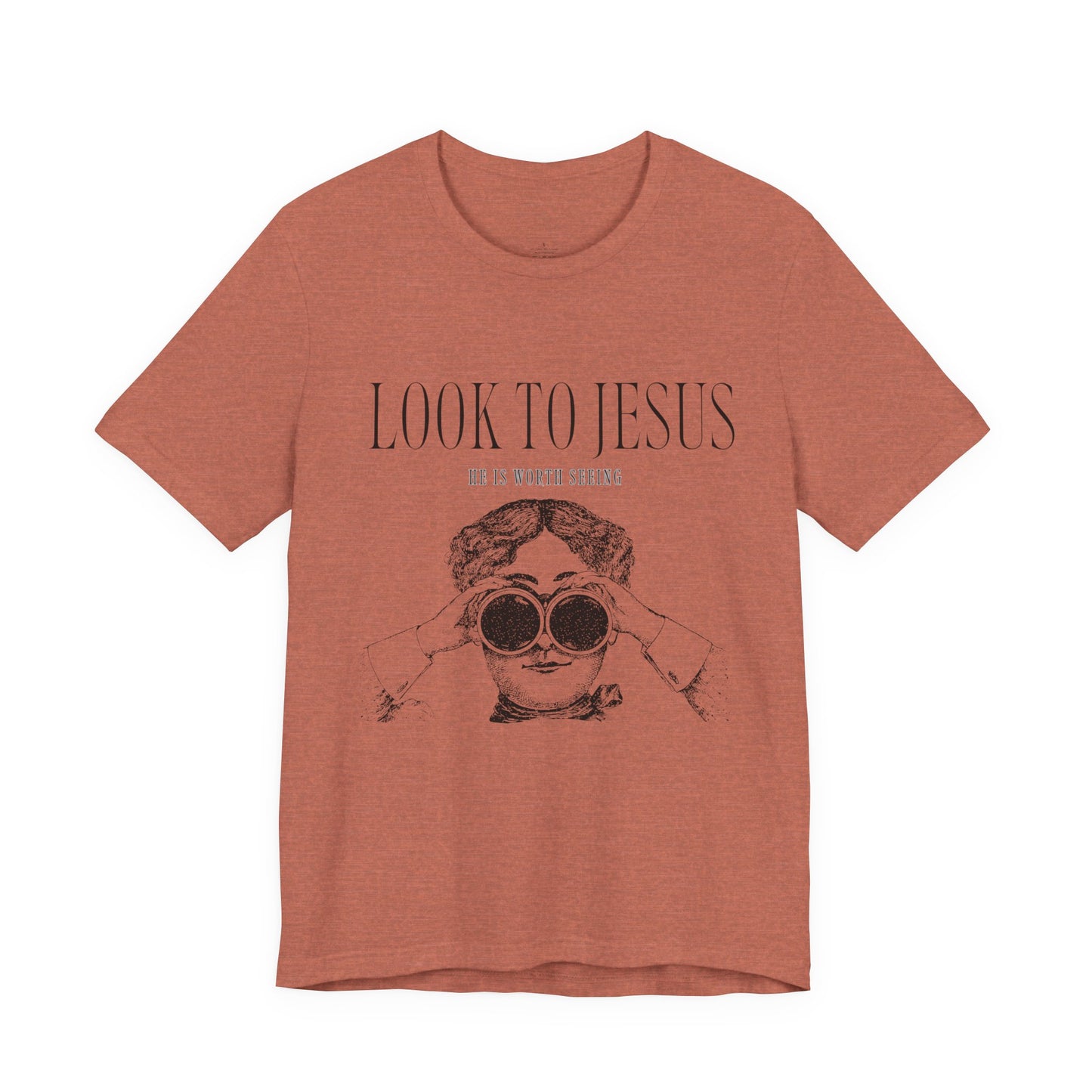 Look to Jesus binoculars illustration Woman Christian faith tee