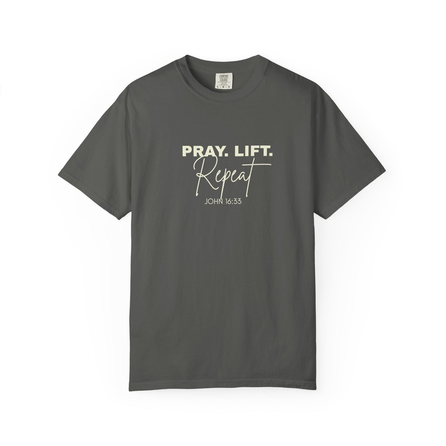 Pray. Lift. Repeat. T-Shirt | Woman Christian Workout Faith Tee, John 16:33