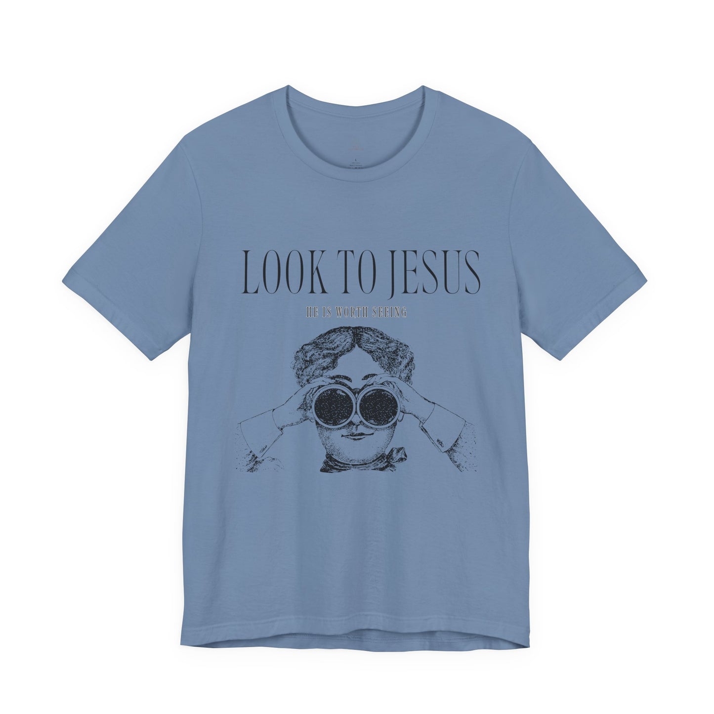 Look to Jesus binoculars illustration Woman Christian faith tee