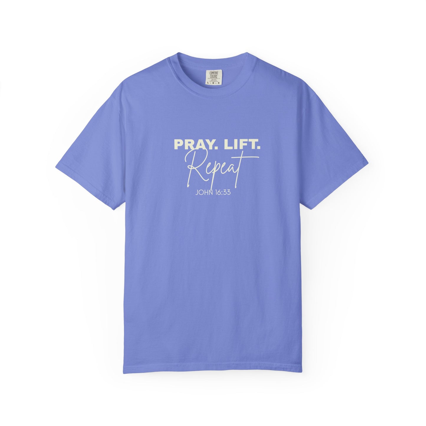 Pray. Lift. Repeat. T-Shirt | Woman Christian Workout Faith Tee, John 16:33