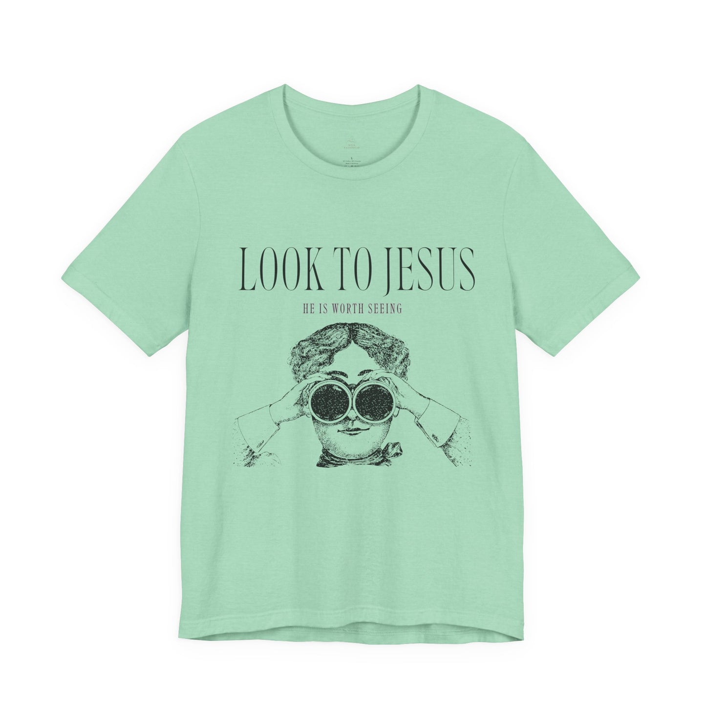 Look to Jesus binoculars illustration Woman Christian faith tee