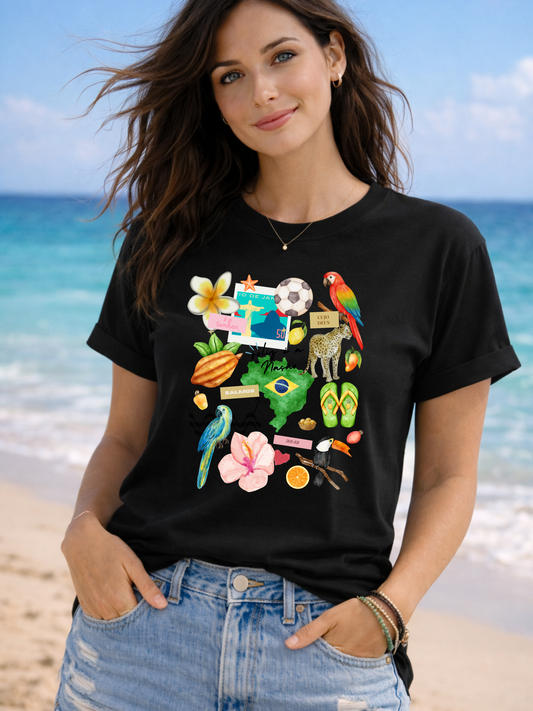 Brazil Tropical Illustration T-Shirt | Birds, Toucan, Parrot, Flip Flops