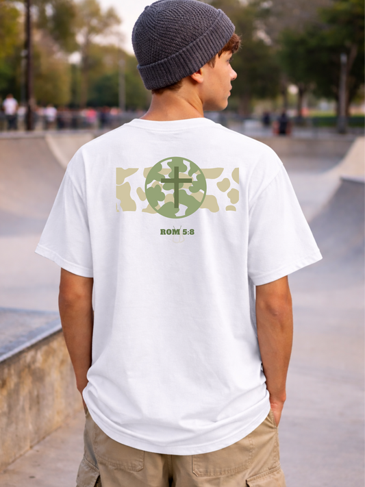 He Did It For You Cross Camo Back, Christian Scripture Romans 5:8 - 6 to 14