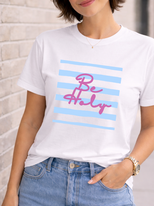 Be Holy script tee | Blue stripe graphic T-shirt