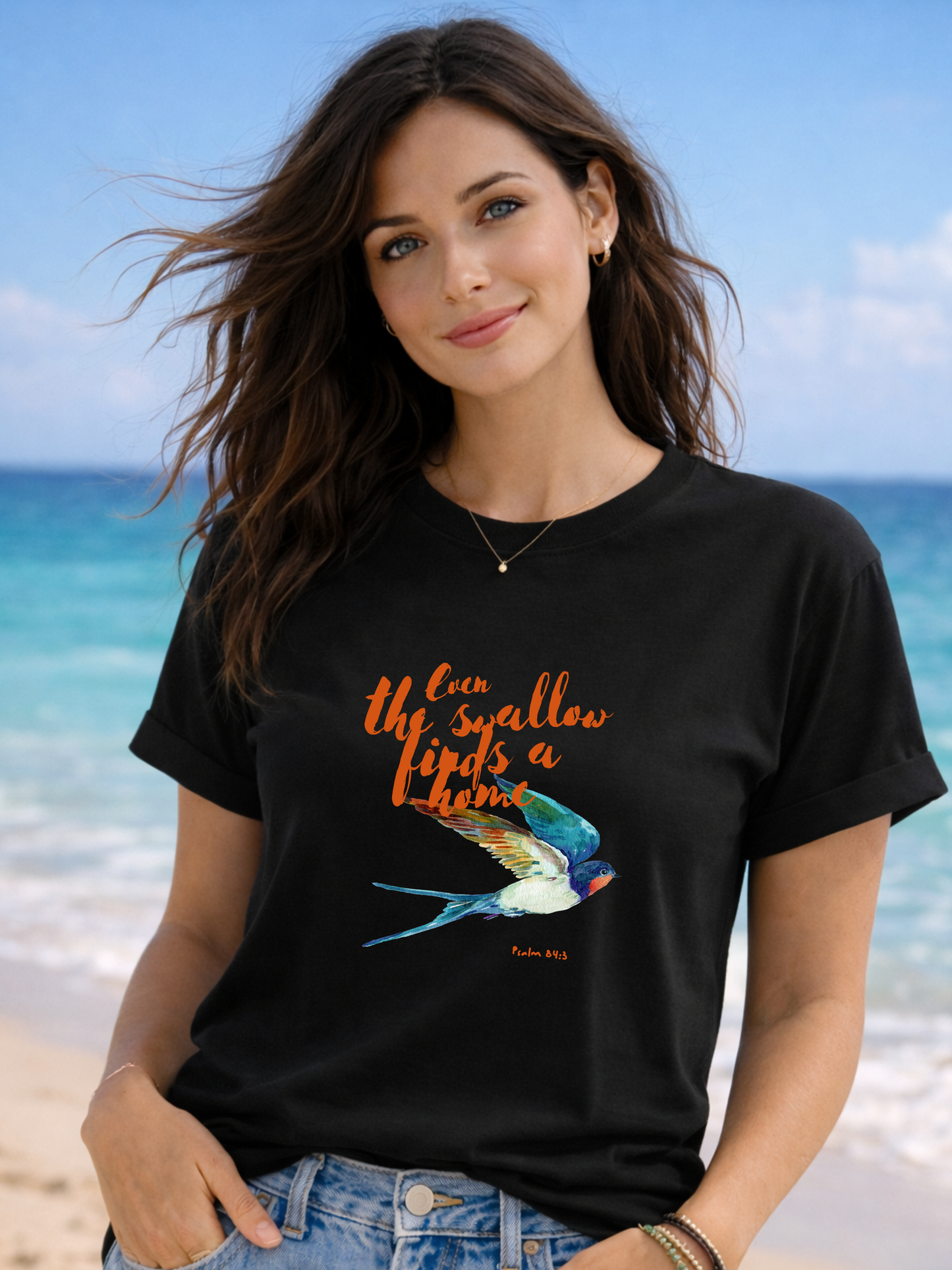 Womans chritstian Tee 'Even the Swallow Finds a Home'