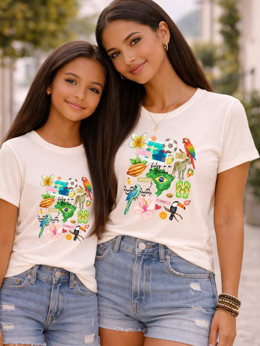 Brazil Collage WomanTee | Tropical Parrot, Toucan, Soccer, Hibiscus
