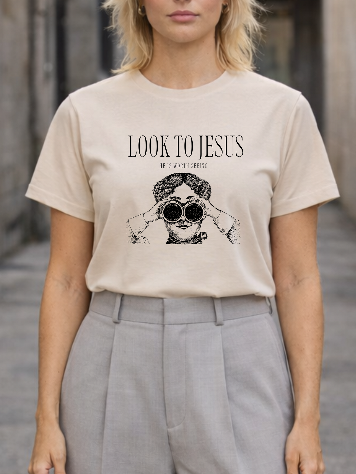 Look to Jesus binoculars illustration Woman Christian faith tee
