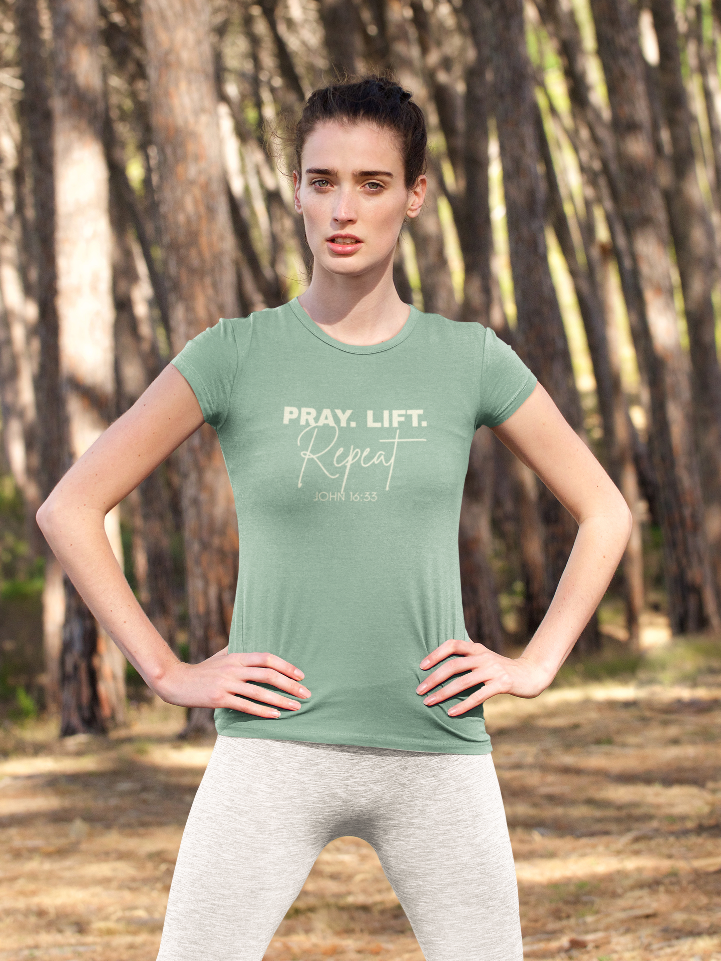Pray. Lift. Repeat. T-Shirt | Woman Christian Workout Faith Tee, John 16:33