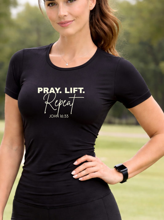 Pray. Lift. Repeat. T-Shirt | Woman Christian Workout Faith Tee, John 16:33