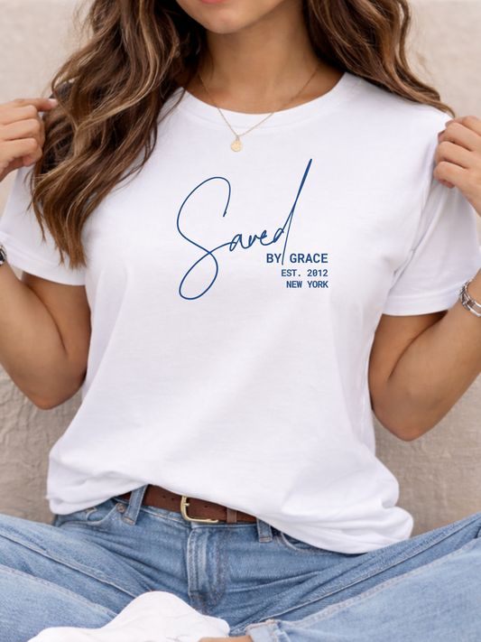 Saved By Grace Script Tee – Christian Faith Woman