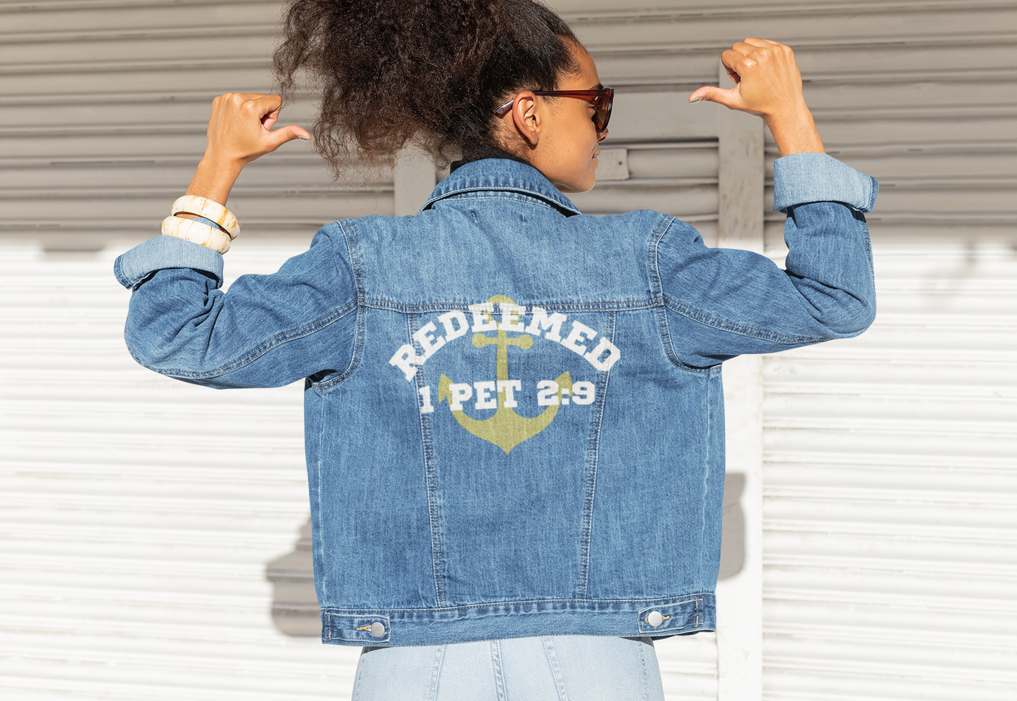 Christian jacket Redeemed 1 Pet 2:9 Denim  | Christian faith scripture back print
