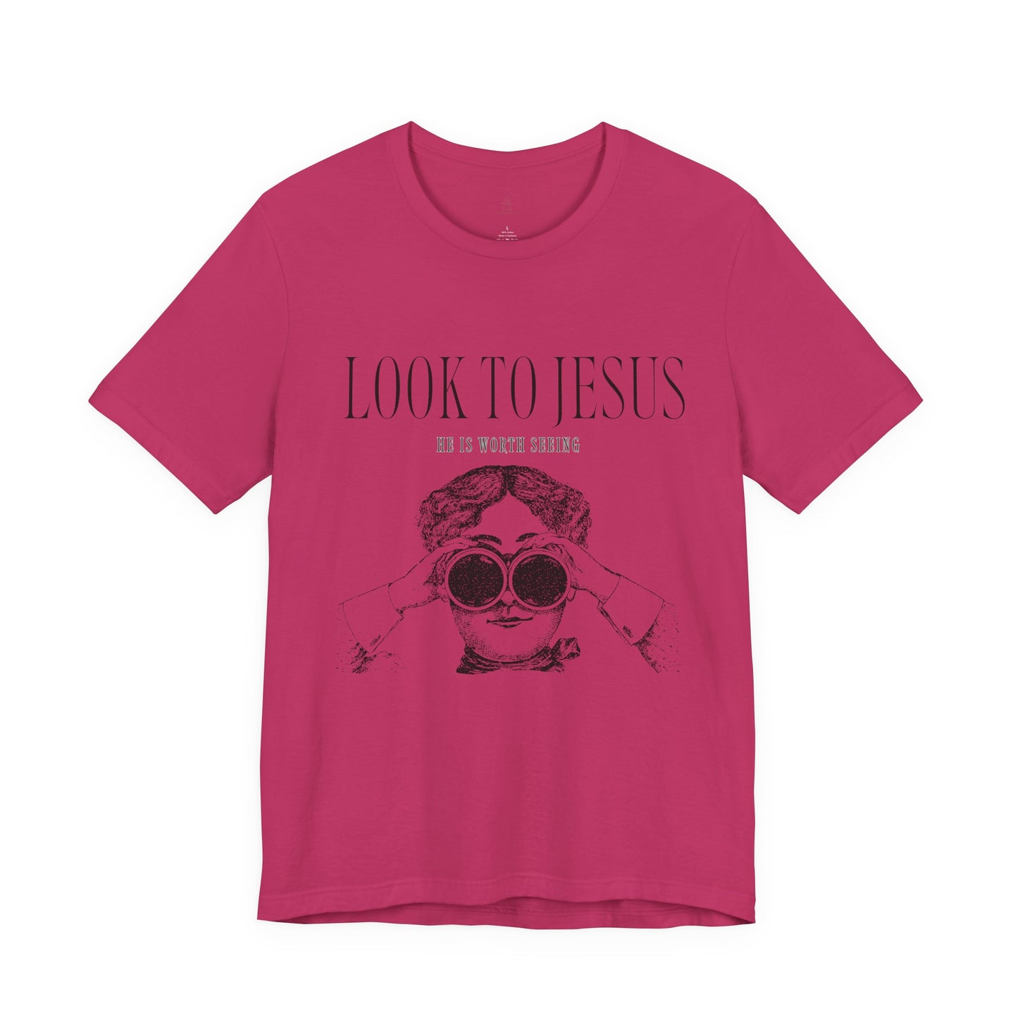 Look to Jesus binoculars illustration Woman Christian faith tee