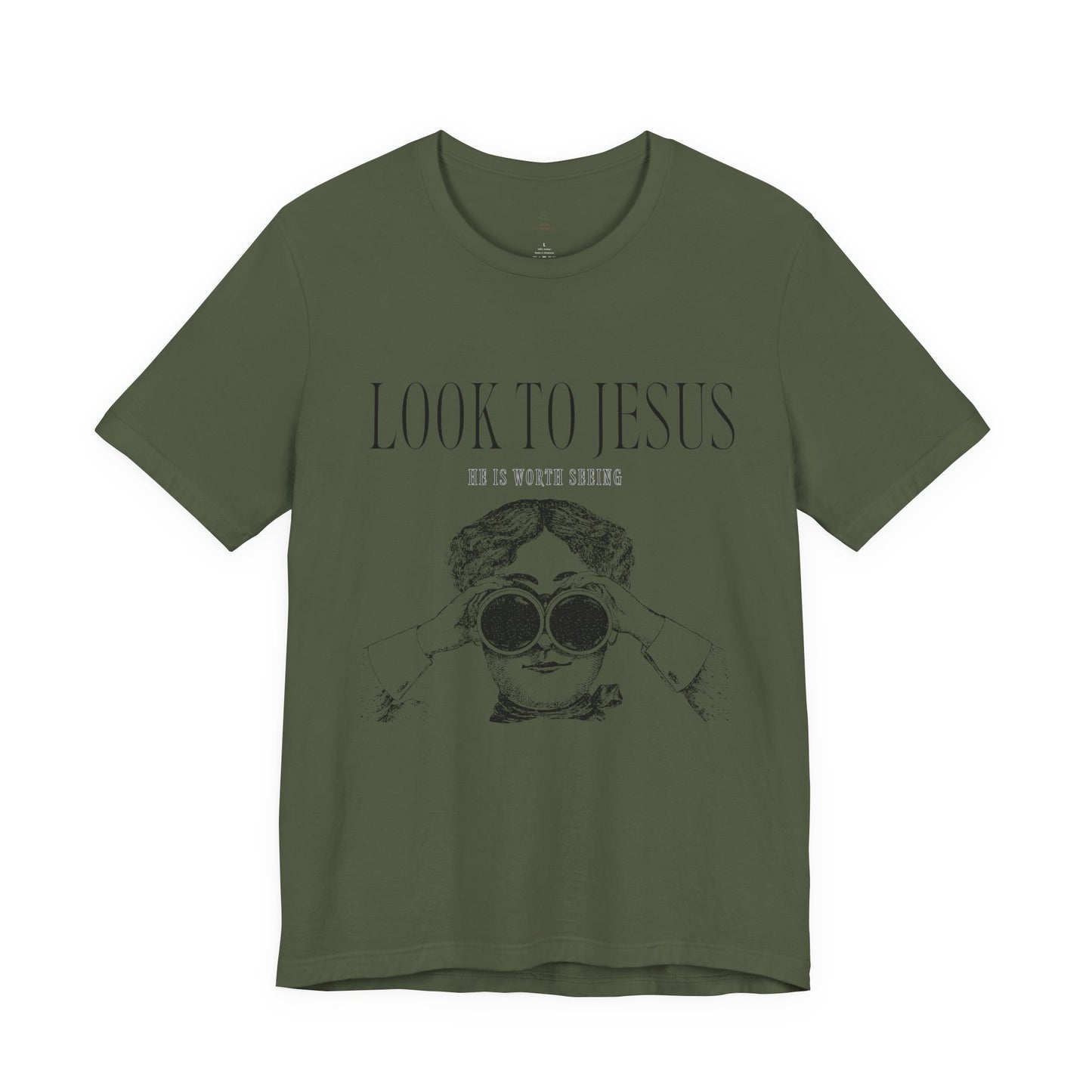 Look to Jesus binoculars illustration Woman Christian faith tee