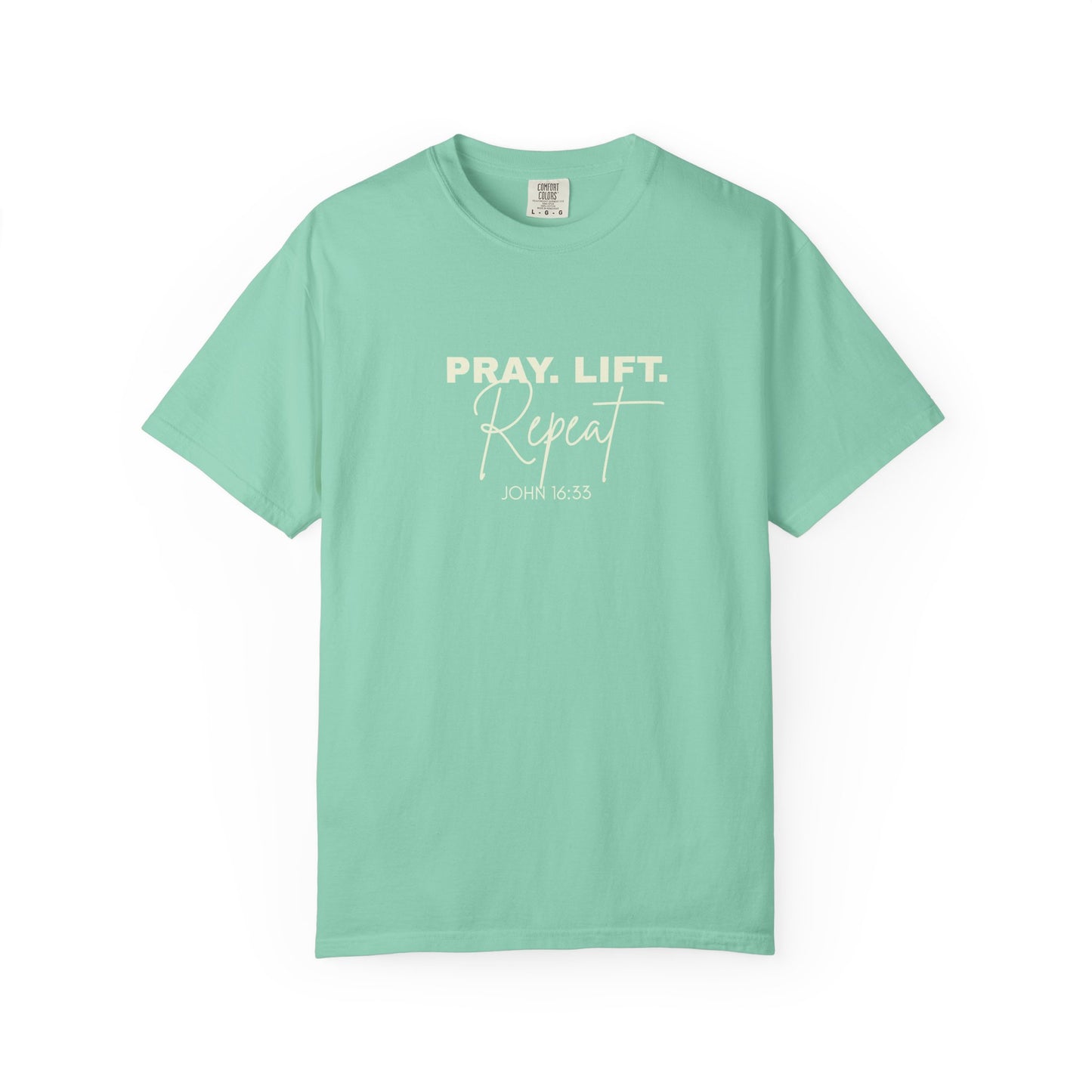 Pray. Lift. Repeat. T-Shirt | Woman Christian Workout Faith Tee, John 16:33
