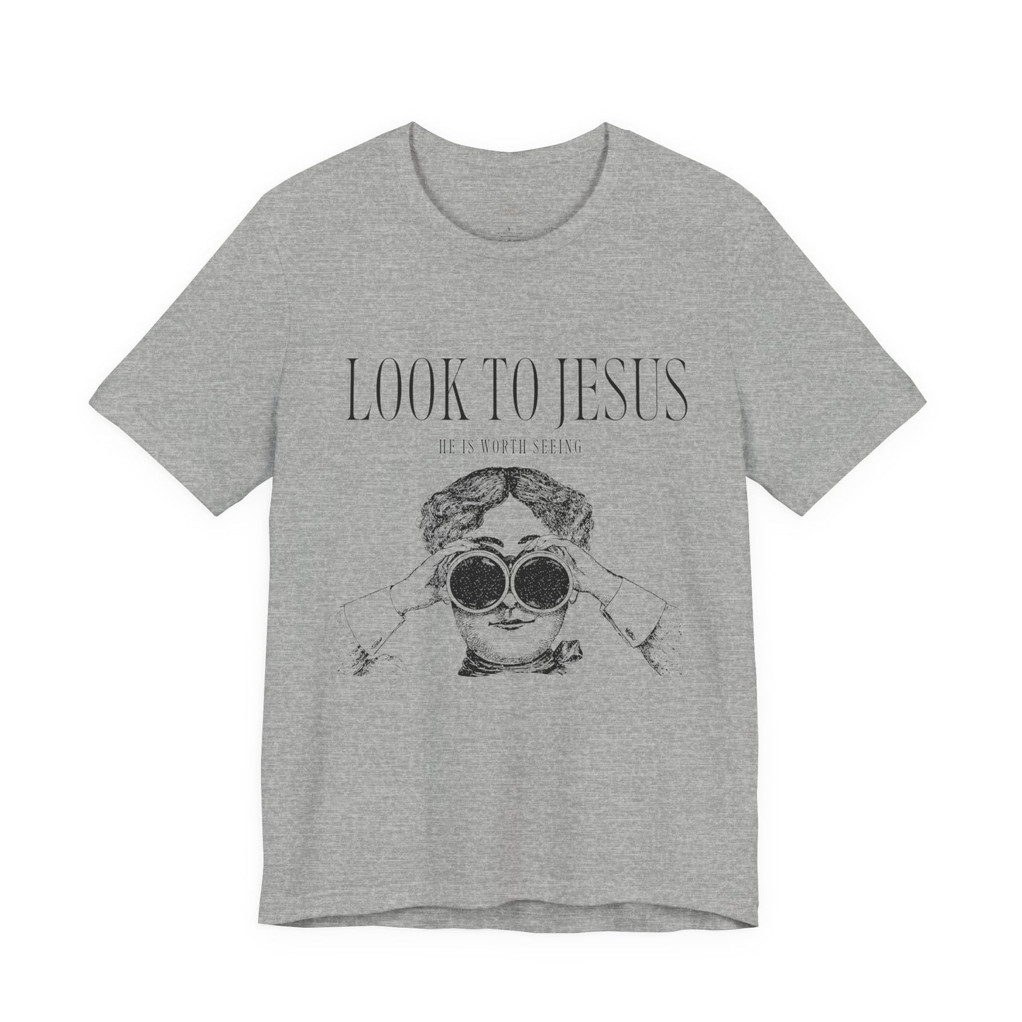 Look to Jesus binoculars illustration Woman Christian faith tee
