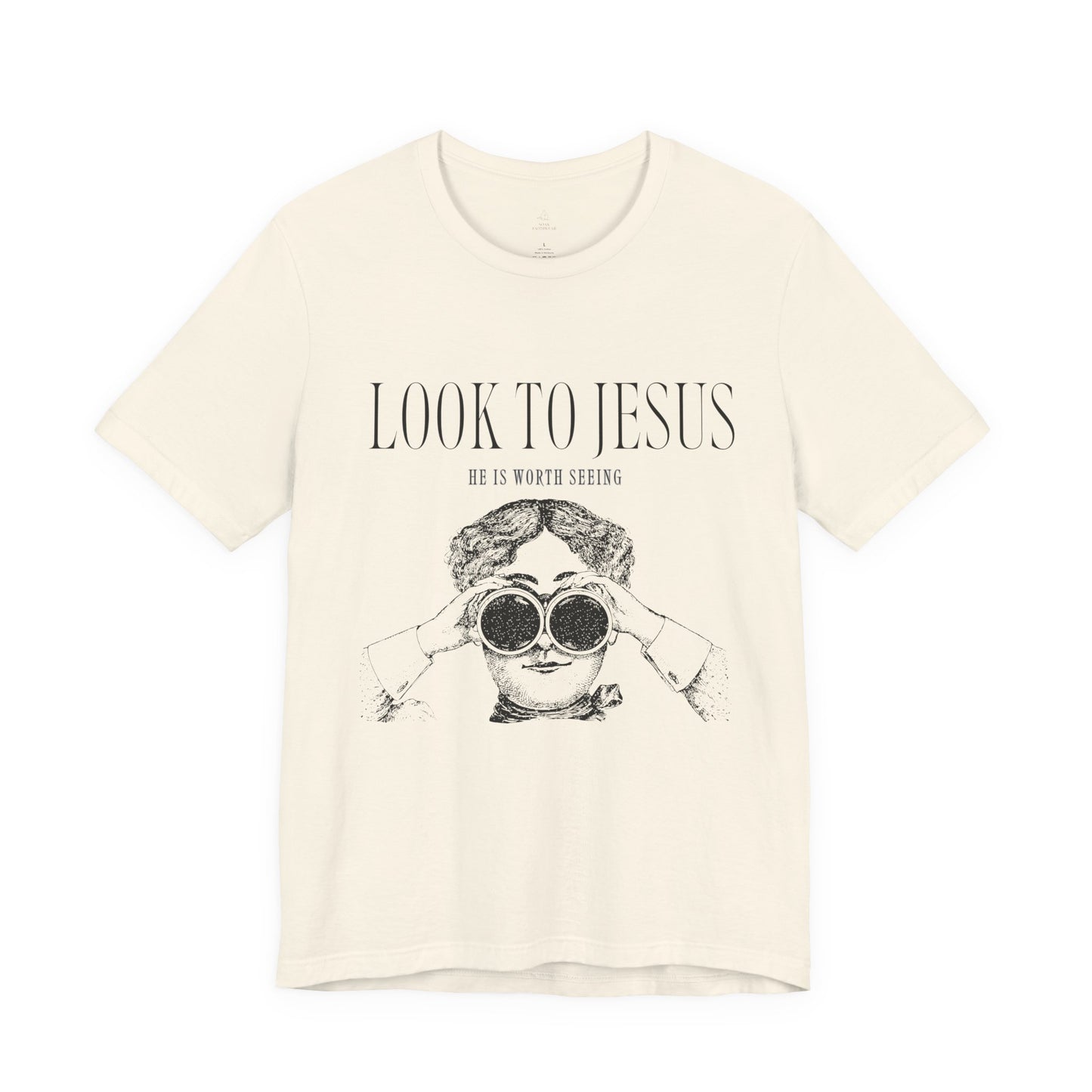 Look to Jesus binoculars illustration Woman Christian faith tee