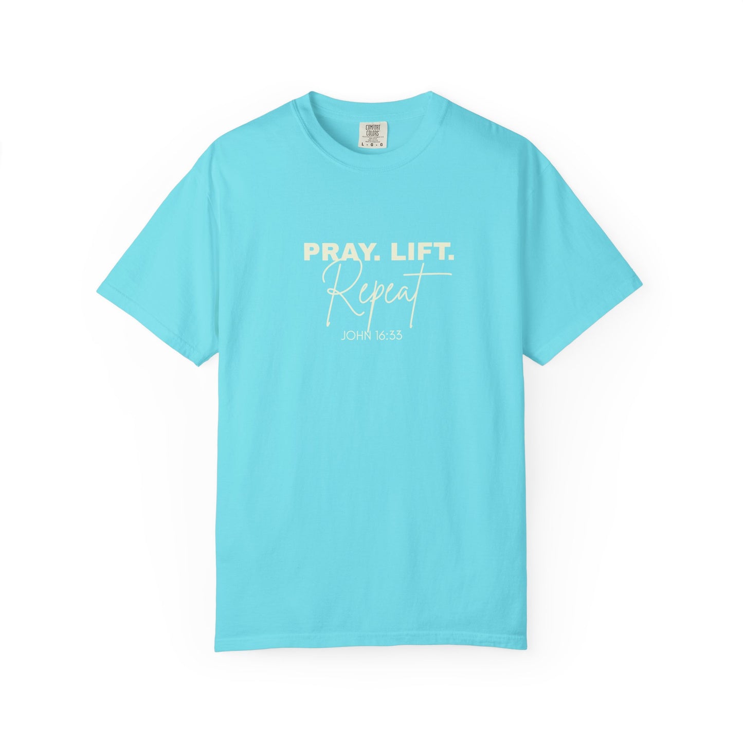 Pray. Lift. Repeat. T-Shirt | Woman Christian Workout Faith Tee, John 16:33