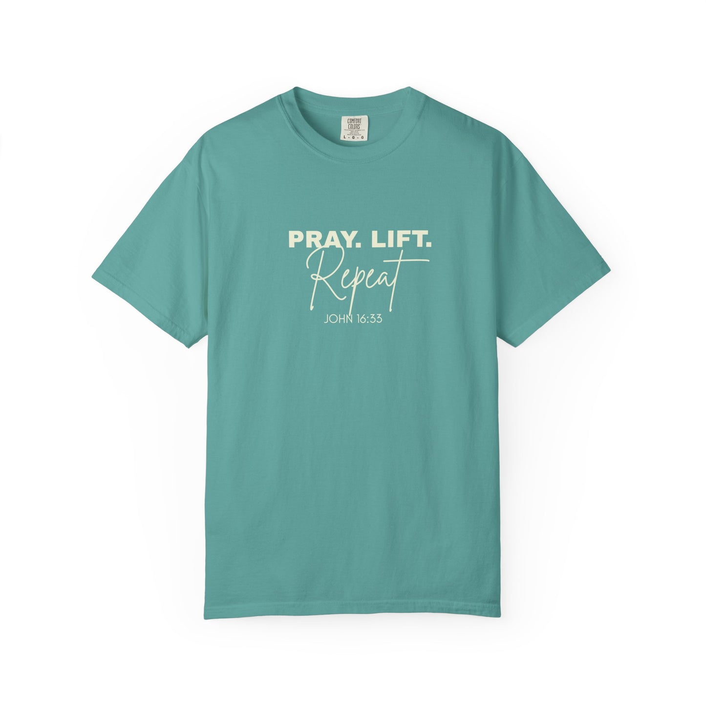 Pray. Lift. Repeat. T-Shirt | Woman Christian Workout Faith Tee, John 16:33