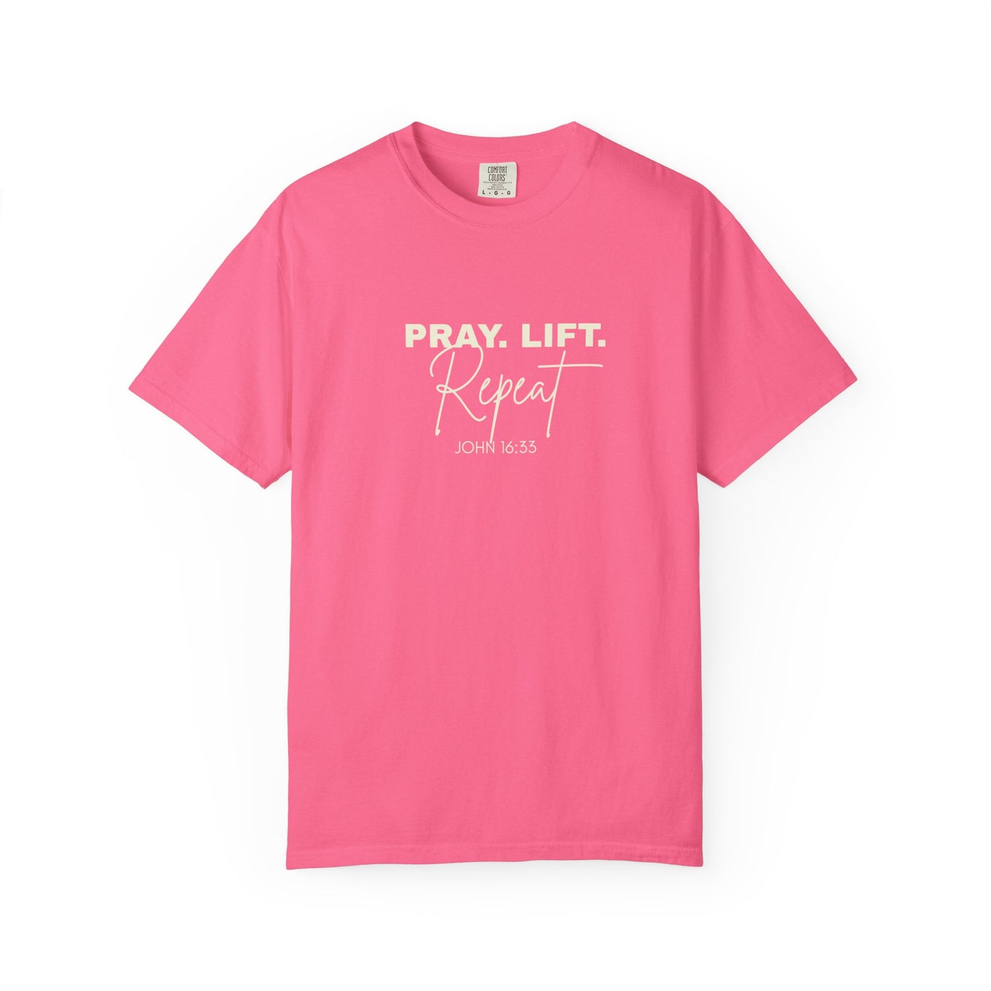 Pray. Lift. Repeat. T-Shirt | Woman Christian Workout Faith Tee, John 16:33