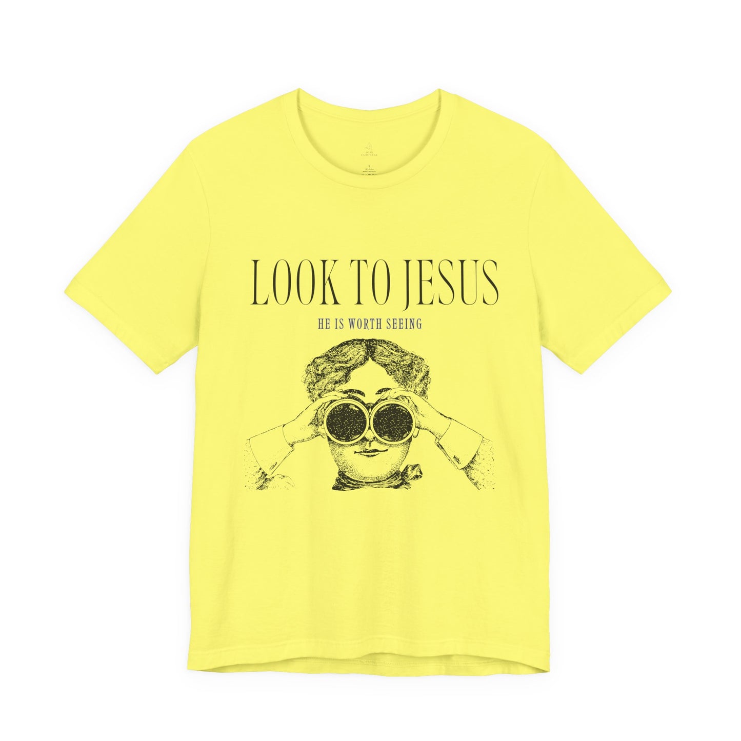 Look to Jesus binoculars illustration Woman Christian faith tee